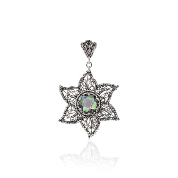 Filigree Art Rainbow Quartz Gemstone Star Design Women Silver Pendant