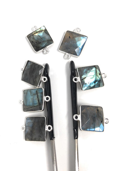 9 Pcs Labradorite Gemstone Connector, Sterling Silver Double Bail