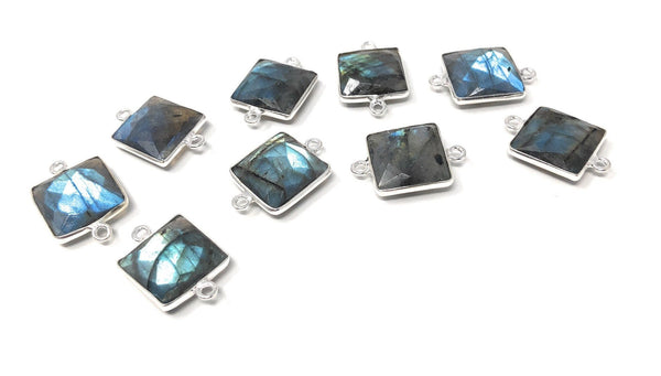 9 Pcs Labradorite Gemstone Connector, Sterling Silver Double Bail