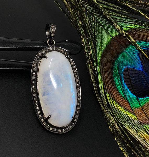 Rainbow Moonstone Gemstone Pendant, Oxidized Sterling Silver Diamond P