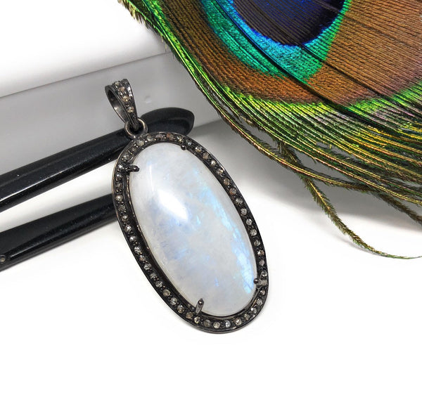 Rainbow Moonstone Gemstone Pendant, Oxidized Sterling Silver Diamond P