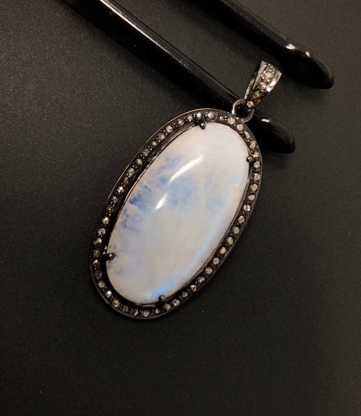 Rainbow Moonstone Gemstone Pendant, Oxidized Sterling Silver Diamond P