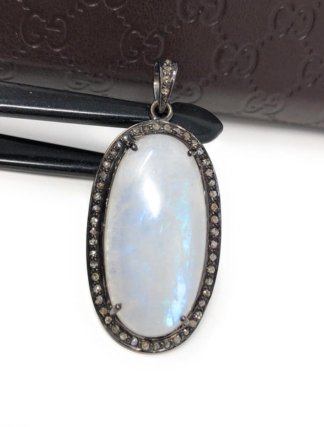 Rainbow Moonstone Gemstone Pendant, Oxidized Sterling Silver Diamond P