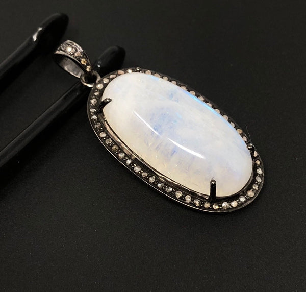 Rainbow Moonstone Gemstone Pendant, Oxidized Sterling Silver Diamond P