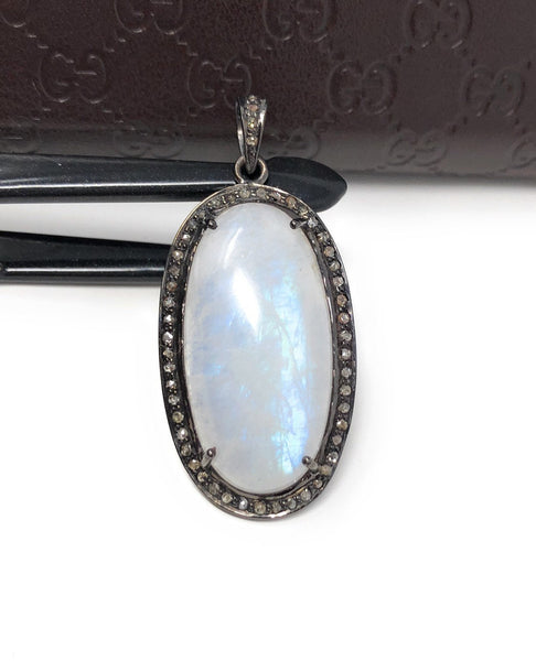 Rainbow Moonstone Gemstone Pendant, Oxidized Sterling Silver Diamond P