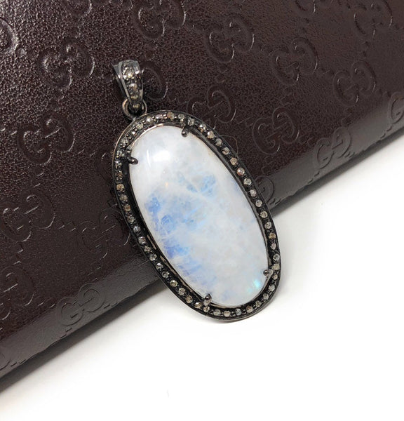 Rainbow Moonstone Gemstone Pendant, Oxidized Sterling Silver Diamond P