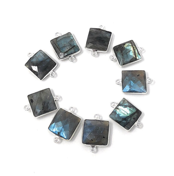 9 Pcs Labradorite Gemstone Connector, Sterling Silver Double Bail