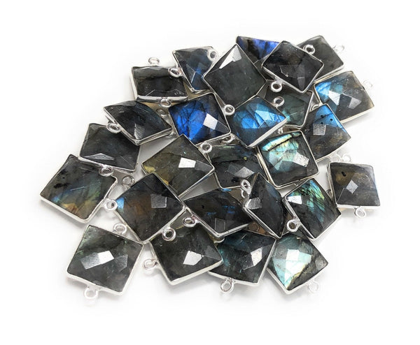 9 Pcs Labradorite Gemstone Connector, Sterling Silver Double Bail