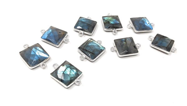 9 Pcs Labradorite Gemstone Connector, Sterling Silver Double Bail