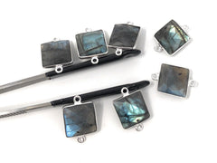 9 Pcs Labradorite Gemstone Connector, Sterling Silver Double Bail