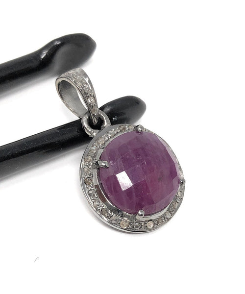 Sterling Silver Pink Sapphire Diamond Pendant, Gemstone Pendant, Pave