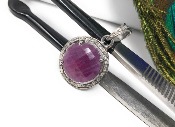 Sterling Silver Pink Sapphire Diamond Pendant, Gemstone Pendant, Pave