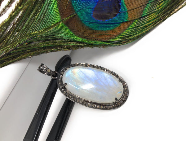 Rainbow Moonstone Gemstone Pendant, Diamond Pendant, Silver Pendant,