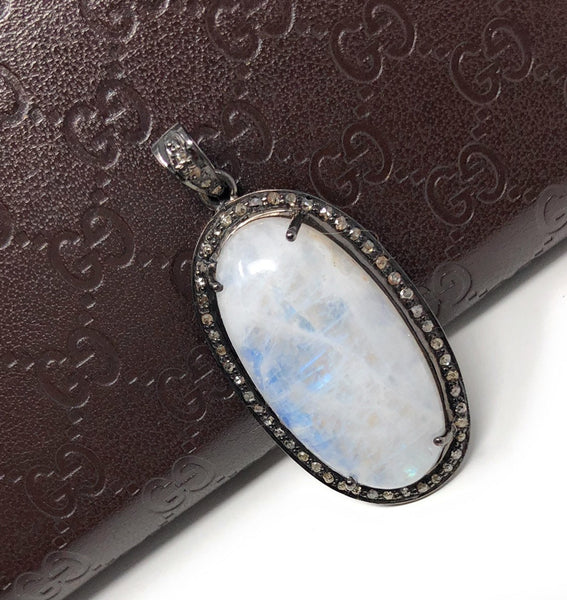 Rainbow Moonstone Gemstone Pendant, Oxidized Sterling Silver Diamond P