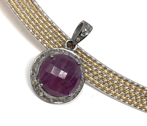 Sterling Silver Pink Sapphire Diamond Pendant, Gemstone Pendant, Pave