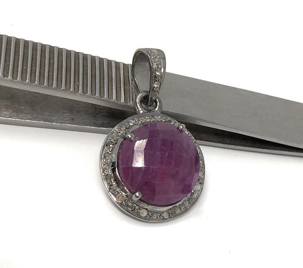 Sterling Silver Pink Sapphire Diamond Pendant, Gemstone Pendant, Pave