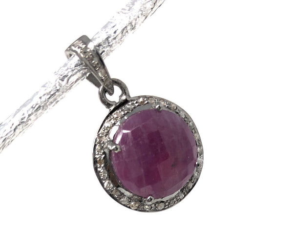 Sterling Silver Pink Sapphire Diamond Pendant, Gemstone Pendant, Pave