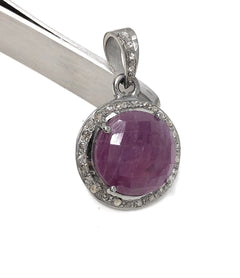 Sterling Silver Pink Sapphire Diamond Pendant, Gemstone Pendant, Pave