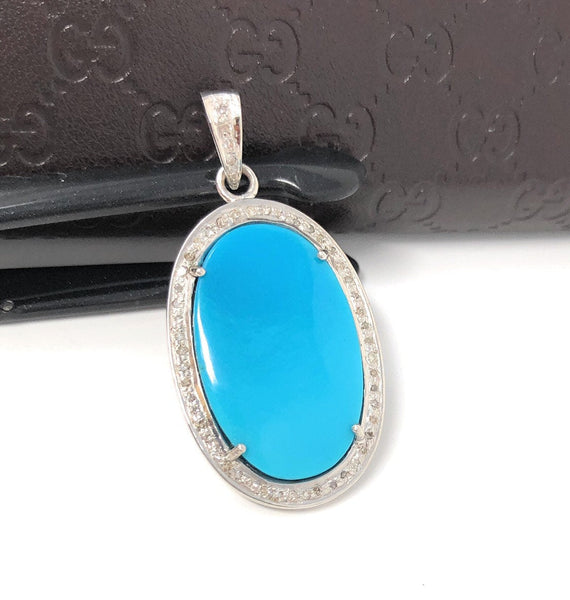 Sleeping Beauty Arizona Turquoise Pendant, Sterling Silver Diamond Pen