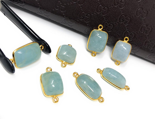 7 pcs Natural Aquamarine Connectors, Gold Plated Sterling Silver