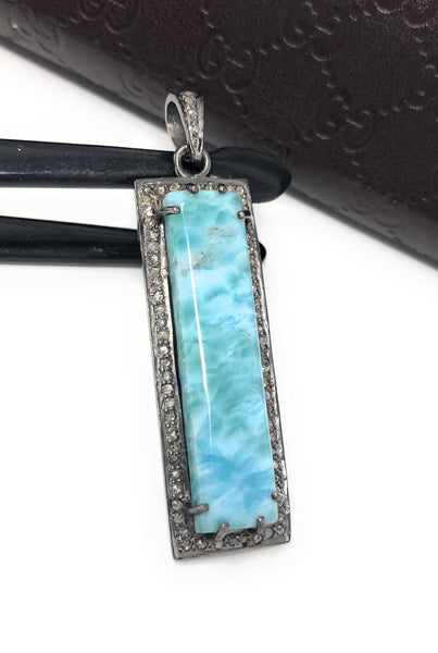 Natural Larimar Gemstone Bar Pendant, Sterling Silver Pave Diamond