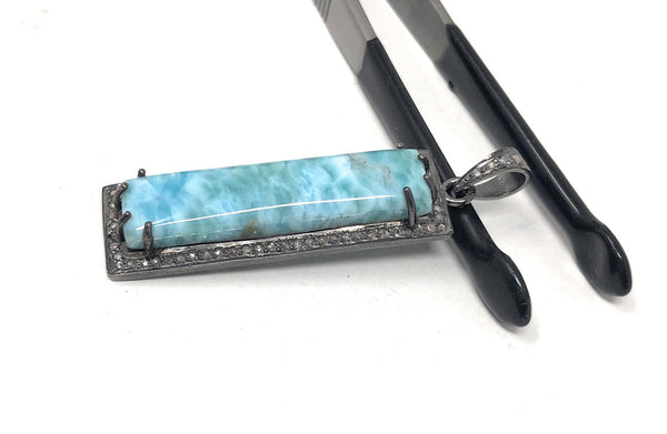 Natural Larimar Gemstone Bar Pendant, Sterling Silver Pave Diamond