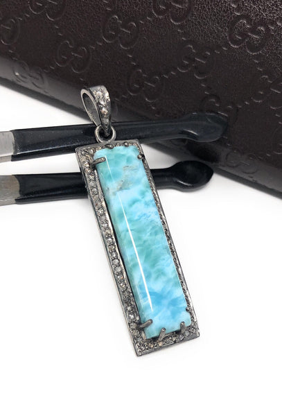 Natural Larimar Gemstone Bar Pendant, Sterling Silver Pave Diamond