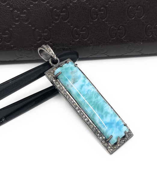 Natural Larimar Gemstone Bar Pendant, Sterling Silver Pave Diamond