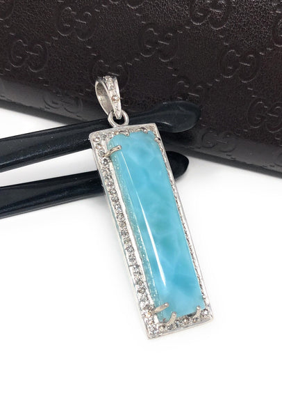 Natural Larimar Gemstone Diamond Pendant, Sterling Silver Jewelry,