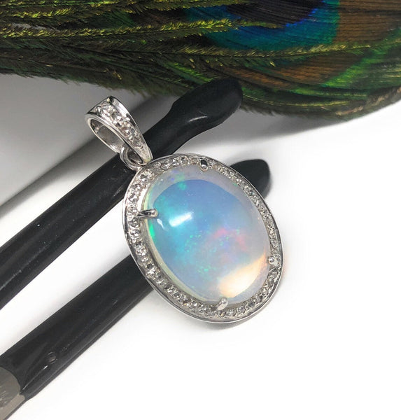 Ethiopian Opal Pendant, Gemstone Pendant, Diamond Pendant, Sterling