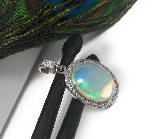 Ethiopian Opal Pendant, Gemstone Pendant, Diamond Pendant, Sterling