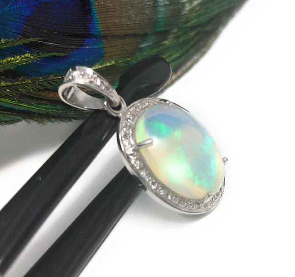 Ethiopian Opal Pendant, Gemstone Pendant, Diamond Pendant, Sterling