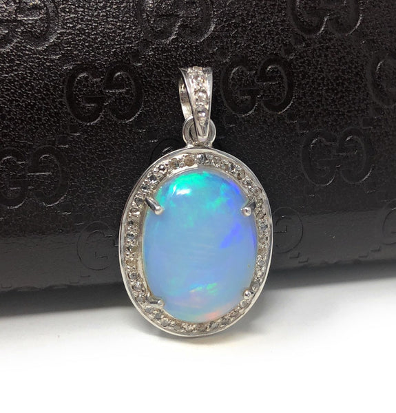 Ethiopian Opal Pendant, Gemstone Pendant, Diamond Pendant, Sterling