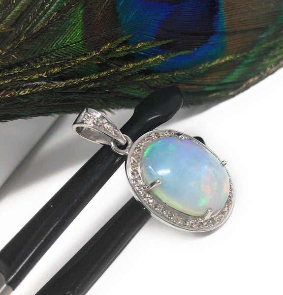 Ethiopian Opal Pendant, Gemstone Pendant, Diamond Pendant, Sterling