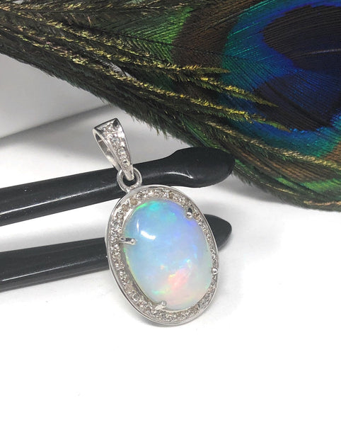 Ethiopian Opal Pendant, Gemstone Pendant, Diamond Pendant, Sterling