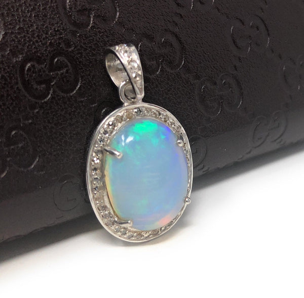 Ethiopian Opal Pendant, Gemstone Pendant, Diamond Pendant, Sterling