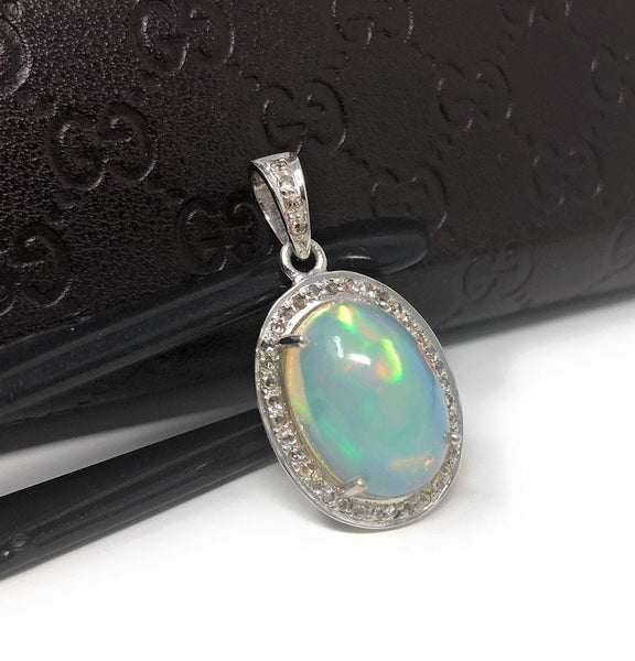 Ethiopian Opal Pendant, Gemstone Pendant, Diamond Pendant, Sterling