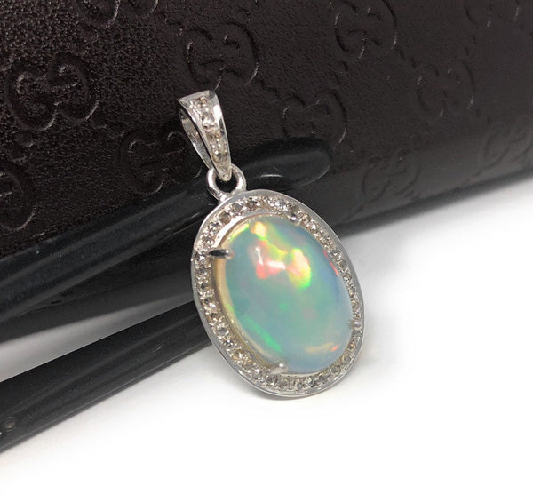 Ethiopian Opal Pendant, Gemstone Pendant, Diamond Pendant, Sterling