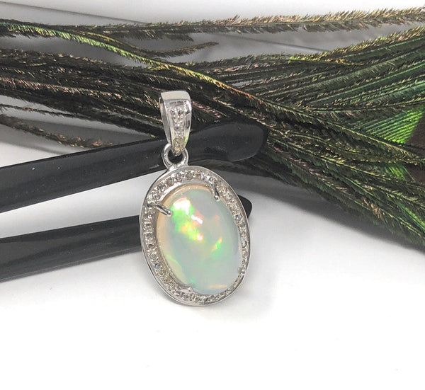 Ethiopian Opal Pendant, Gemstone Pendant, Diamond Pendant, Sterling