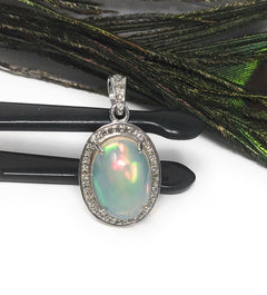 Ethiopian Opal Pendant, Gemstone Pendant, Diamond Pendant, Sterling