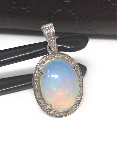 Ethiopian Opal Pendant, Gemstone Pendant, Diamond Pendant, Sterling