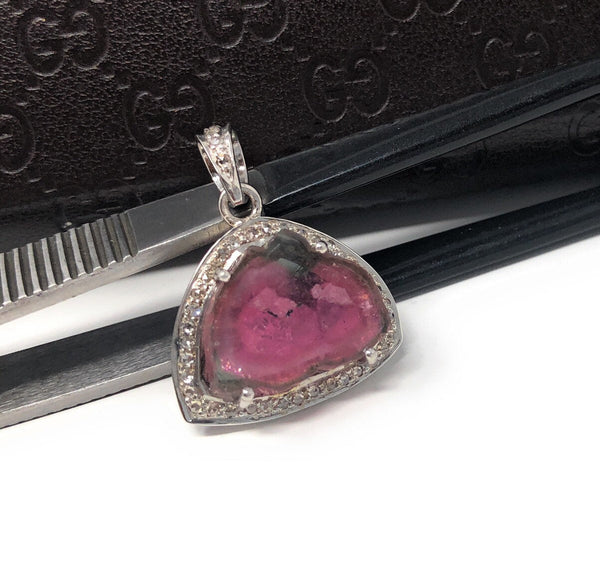 Pink Tourmaline Pendant, Gemstone Pendant, Pave Diamond Pendant, Sterl