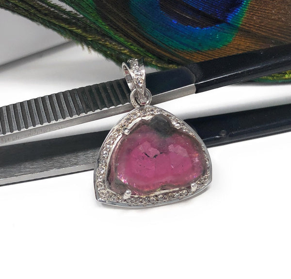 Pink Tourmaline Pendant, Gemstone Pendant, Pave Diamond Pendant, Sterl