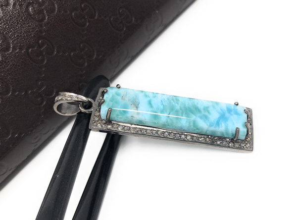 Natural Larimar Gemstone Bar Pendant, Sterling Silver Pave Diamond