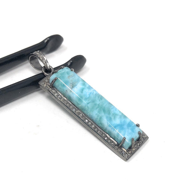 Natural Larimar Gemstone Bar Pendant, Sterling Silver Pave Diamond