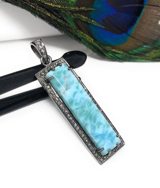 Natural Larimar Gemstone Bar Pendant, Sterling Silver Pave Diamond