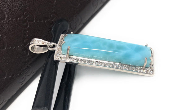 Natural Larimar Gemstone Diamond Pendant, Sterling Silver Jewelry,