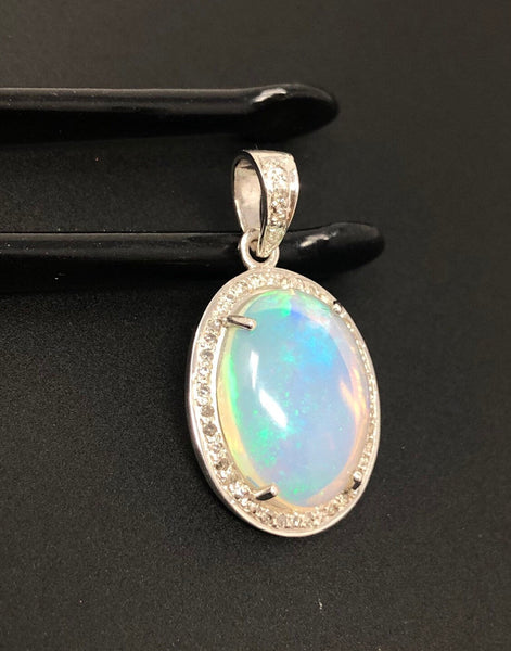 Ethiopian Opal Pendant, Gemstone Pendant, Diamond Pendant, Sterling