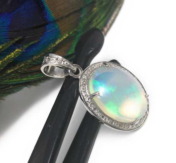 Ethiopian Opal Pendant, Gemstone Pendant, Diamond Pendant, Sterling