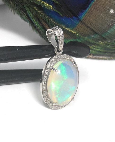 Ethiopian Opal Pendant, Gemstone Pendant, Diamond Pendant, Sterling